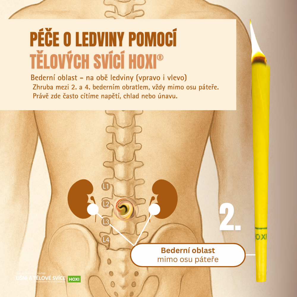 Aplikace tělové svíce HOXI na ledviny - Ukázka aplikace tělové svíce HOXI® v oblasti beder - na ledviny – péče o ledviny